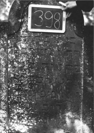 Grabstein 398 (Index: 99895841) Material: Sandstein Zustand: teilweise stark bewachsen Maße HxBxT: 133x69x9 cm Beschreibung: Stele mit eingezogenem Rundbogenabschluss: Grabstein 398 (2)