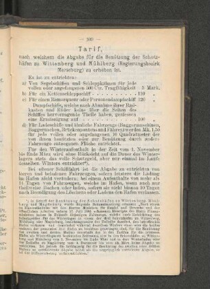 Tarif, nach welchem die Abgabe für die Benützung der Schutz-häfen zu Wittenberg und Mühlberg (Regierungsbezirk Merseburg) zu erheben ist.