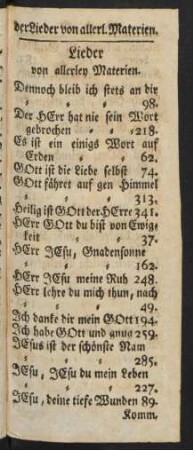 Register der Lieder von allerley Materien.
