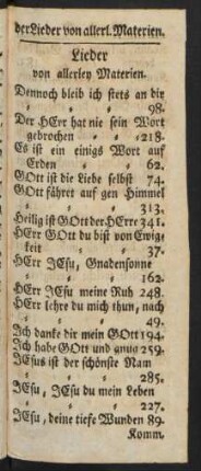 Register der Lieder von allerley Materien.
