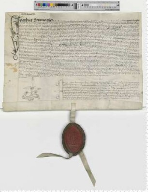 Propst Jacob Schomaker transsumiert Präsentationsurkunden und investiert für eine Vikarie am Mathias Altar zu St. Johannis. Notar Otto Hermanni [lat].