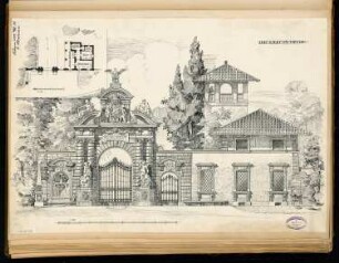 Parkeingang mit Pförtnerhaus Monatskonkurrenz Februar 1892: Aufriss Straßenansicht; Maßstabsleiste