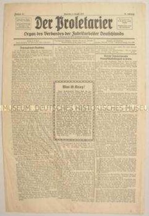 Gewerkschafts-Zeitung "Der Proletarier" u.a. zum 4. Internationalen Gewerkschaftskongress in Paris