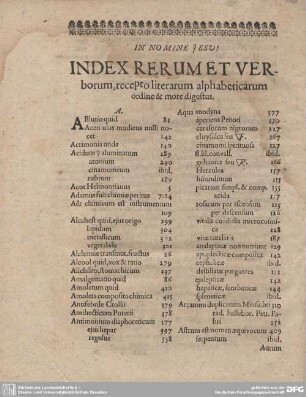 IN NOMINE JESU! INDEX RERUM ET VERborum, recepto literarum alphabeticarum ordine & mote digestus.