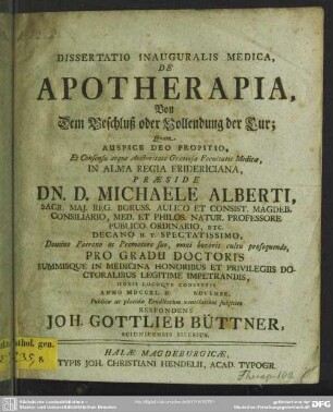 Dissertatio Inauguralis Medica, De Apotherapia, Von Dem Beschluß oder Vollendung der Cur