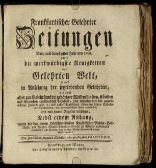 33: Frankfurtischer gelehrter Zeitungen Drey und dreyßigstes Jahr