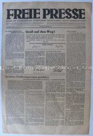 Erste Ausgabe der Tageszeitung der SED Bezirk Südwestsachsen "Freie Presse" u.a. zur Ernährungslage