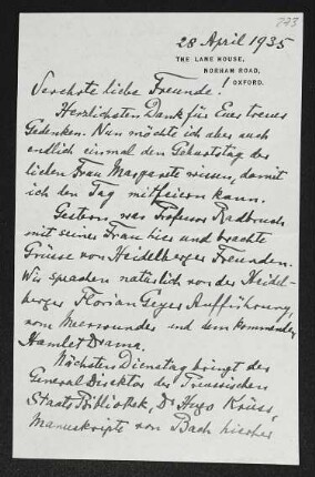 Brief von Hermann Georg Fiedler an Margarete Hauptmann und Gerhart Hauptmann