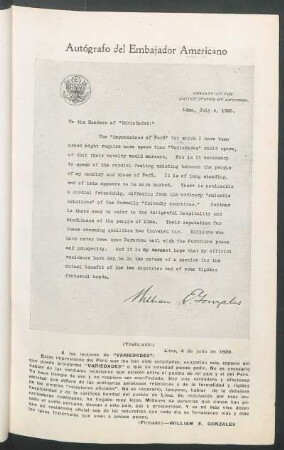 Autógrafo del embajador americano