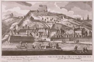 Prag "Prospect des Lorentzen-Berges in Prag von der Moldau-Insel oder sogenannten Kleinen Venedig anzusehen"" : Tschechien, Moldau bei Prag, Floß, Kupferstich 17./18. Jh.