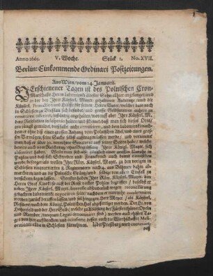 Anno 1665. V. Woche. Stück 1. No. XVII.