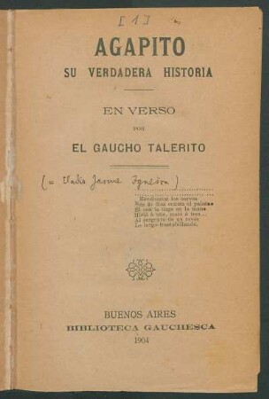 Agapito : su verdadera historia ; en verso