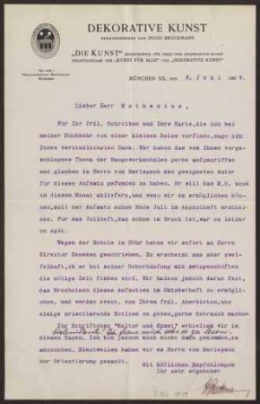 Schreiben an Hermann Muthesius (Brief)