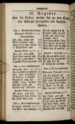 III. Register über die Lieder, welche sich zu den Sonn- und Festtags-Evangelien und Episteln schicken.