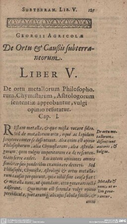 De Ortu & Caußis subterraneorum. Liber V.