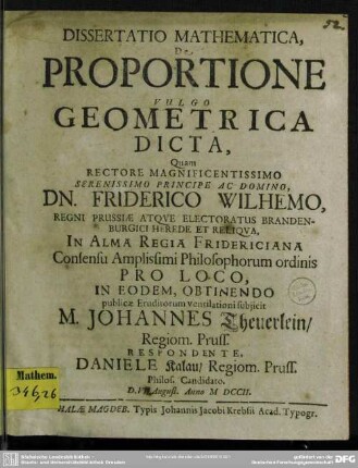 Dissertatio Mathematica, De Proportione Vulgo Geometrica Dicta