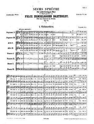 Felix Mendelssohn-Bartholdys Werke, 14,C,109. Nr. 109, Sechs Sprüche : für achtstimmigen Chor ; op. 79. - 12 S. - Pl.-Nr. M.B.109