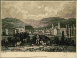 Gemälde mit Wanderern und Hund vor Kaiserslautern. Mit Stiftkirche im Hintergrund