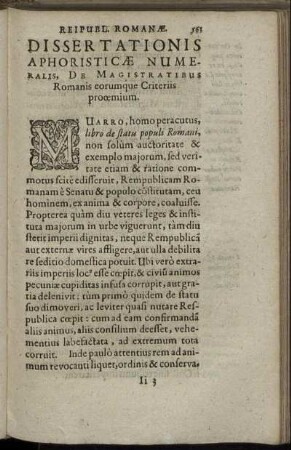 Reipubl. Romanae Dissertationis Aphoristicae Numeralis, De Magistratibus Romanis eorumque Criteriis prooemium