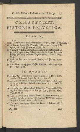 Classis XII. Historia Helvetica