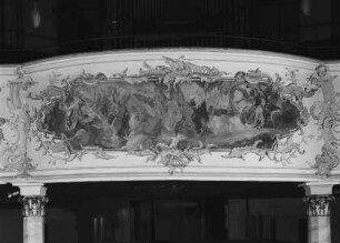 Szenen aus dem Alten und Neuen Testament — Heilige Cäcilia an der Rokoorgel, um geben von musizierendem Engelchor. Sinnbild für Himmelsmusik