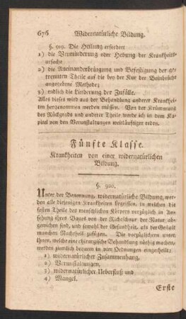 Fünfte Klasse. Krankheiten von einer widernatürlichen Bildung