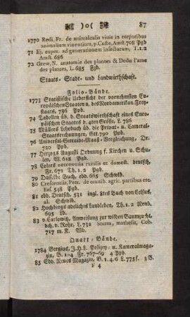 87-101, Staats- Stadt- und Landwirtschaft. Folio-Bände, Quart-Bände. Octav-Bände. Duodez-Bände.