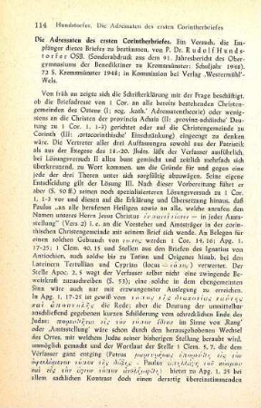 114-115 [Rezension] Hundstorfer, Rudolf, Die Adressaten des ersten Corintherbriefes