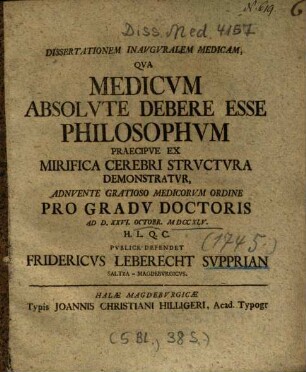 Dissertationem Inavgvralem Medicam, Qva Medicvm Absolvte Debere Esse Philolophvm Praecipve Ex Mirifica Cerebri Strvctvra Demonstratvr