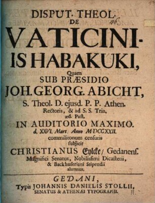Disp. theol. de vaticiniis Habakuki