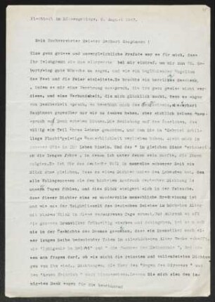 Brief von Eugen Kühnemann an Gerhart Hauptmann