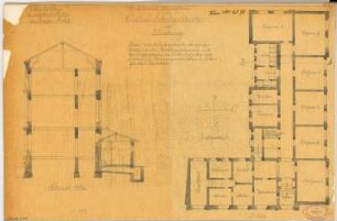 Knabenschule, Eilenburg Monatskonkurrenz Juni 1881: Grundriss Erdgeschoss 1:150, Querschnitt 1:100; Erläuterungstext