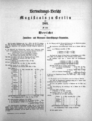 No. XIII. Bericht der Veteranen-Unterstützungs-Deputation