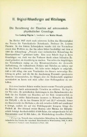 Die Berechnung der Eiszeiten auf astronomisch-physikalischer Grundlage