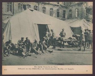 Der deutsche Vormarsch zur Marne. Feldlazarett vor dem Schloß Pinon mit schwerverwundeten Deutschen und Franzosen.