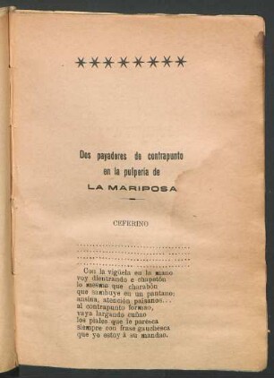 Dos payadores de contrapunto en la pulpería de "La mariposa"