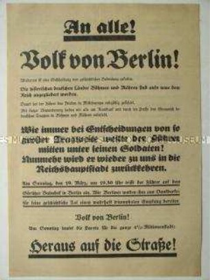 Flugblatt zur Annexion von Böhmen und Mähren und Aufruf zu einer Kundgebung mit Hitler