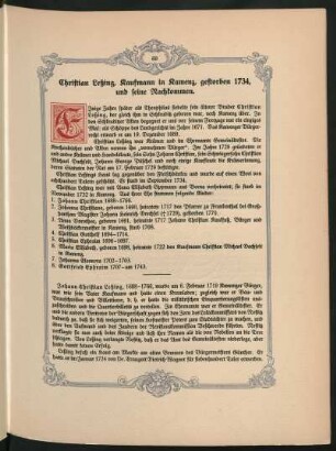 Christian Leßing, Kaufmann in Kamenz, gestorben 1734, und seine Nachkommen