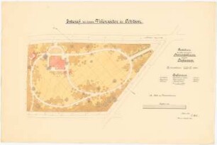 Villengarten bei Potsdam: Villengarten im Grundriss mit eingetragenen Höhenlinien vor und nach der Umgestaltung, Unterscheidung in alte und neu gepflanzte Gehölze, Schnittverläufe für Profile zur Massenberechnung 1:200, Legend