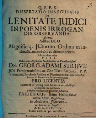 Dissertatio Inauguralis De Lenitate Iudici In Poenis Irrogandis Observanda