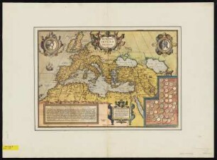 Geschichtskarte vom Römischen Reich, ca. 1:15 200 000, Kupferstich, ab 1570 : Romani Imperii Imago : Cum Gratia et Privilegio / [hrsg. von Abraham Ortelius]. - [Ca. 1:15 200 000]. - [Antverpiae] , [ab 1570]. - 1 Kt. : flächenkol. Kupferst. ; 49 x 34 cm. - Rechts unten 1 Stammbaum der röm. Könige. - Mit 3 Kartuschen die Porträts sind Medaillon von Romulus und Remus.
