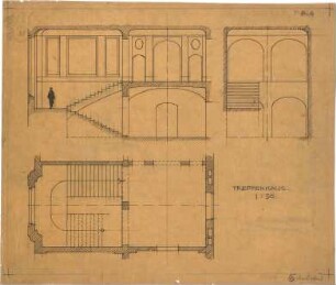Pfann, Paul; Übungsblätter zur Perspektive - Treppenhaus (Grundriss, Querschnitt,Längsschnitt)