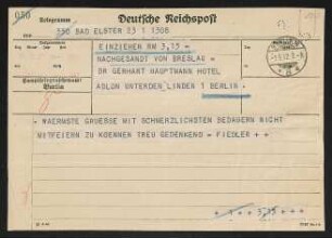 Brief von Hermann Georg Fiedler an Gerhart Hauptmann