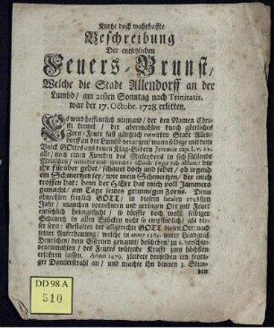 Kurtze doch wahrhaffte Beschreibung Der entsetzlichen Feuers-Brunst, Welche die Stadt Allendorff an der Lumbd, am 21sten Sonntag nach Trinitatis, war der 17. Octobr. 1728. erlitten.