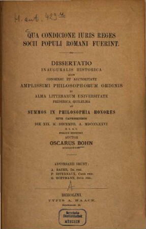 Qua condicione iuris reges socii populi Romani fuerint : dissertatio inauguralis historica