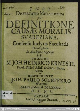 Dissertatio metaphysica pro definitione causae moralis Svareziana