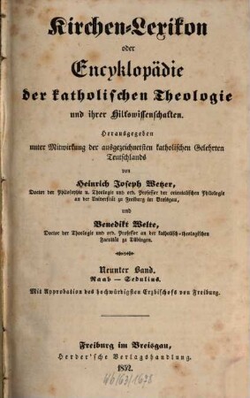 Kirchen-Lexikon oder Encyklopädie der katholischen Theologie und ihrer Hilfswissenschaften. 9, Raab - Sedulius