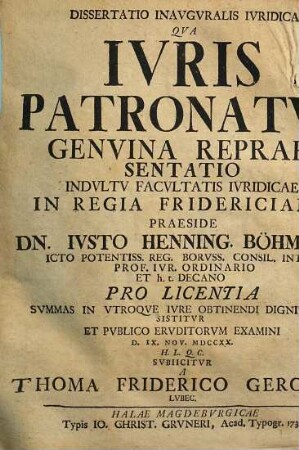 Dissertatio Inavgvralis Ivridica Qva Ivris Patronatvs Genvina Repraesentatio