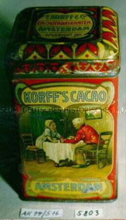 Blechdose für "KORFF'S CACAO AMSTERDAM" (Abbildung eines Holländerpaares im Zimmer)