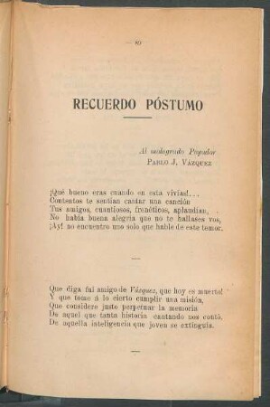 Recuerdo Póstumo : Al malogrado Payador Pablo J. Vázquez